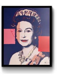 an image of an andy warhol artwork titled '337 queen elizabeth II' in a black frame.  the image features a young queen elizabeth II in the centre, colourised in navy blue, and on a navy blue background. her clothes are cream, sand, and orange in colour. the background features two solid blocks of colour, one which is pink on the left and one which is red on the right. this is a sunday b morning print