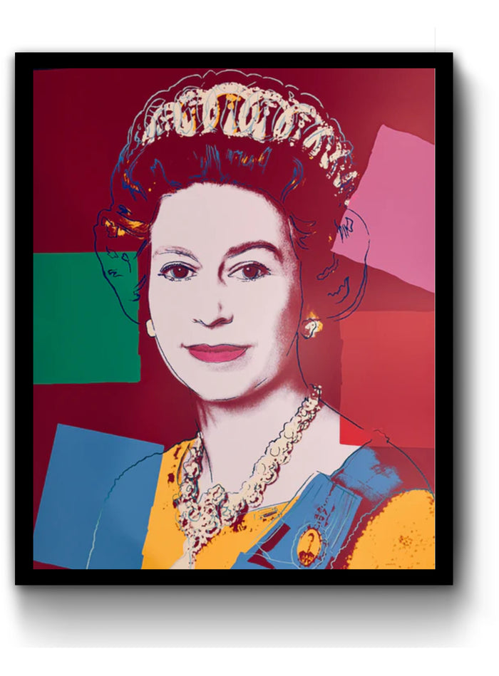 an image of an artwork by andy warhol titled 334 queen elizabeth II in a black frame. the artwork features the queen's face in the centre, rendered in the classic screenprint pop art style of andy warhol. the queen's clothing is coloured in gold and blue, with her hair and crown outlined in varying shades of blue, cream, and gold. she is shown on a background of maroon, with four solid square blocks of colour: on the left, green and blue, on the right, pink and red. an andy warhol print by sunday b morning