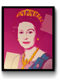 image of an andy warhol artwork titled '336 queen elizabeth II' in a black frame. the work features a young queen elizabeth II in a pink pop-art hue, with blue and pink printed clothing and golden jewellery. she is on a background of fuchsia, with two solid squares of colour either side, one which is sand-coloured on the left, and one which is blush coloured on the right. this is a sunday b morning print