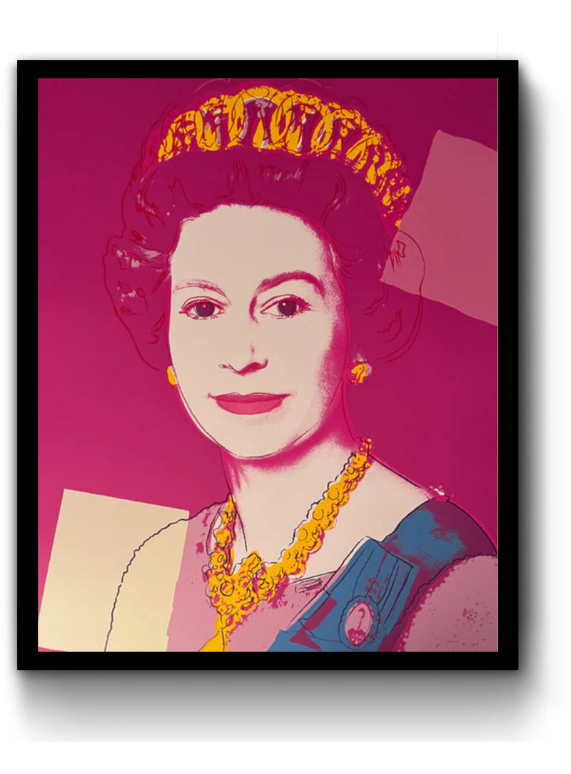 image of an andy warhol artwork titled '336 queen elizabeth II' in a black frame. the work features a young queen elizabeth II in a pink pop-art hue, with blue and pink printed clothing and golden jewellery. she is on a background of fuchsia, with two solid squares of colour either side, one which is sand-coloured on the left, and one which is blush coloured on the right. this is a sunday b morning print