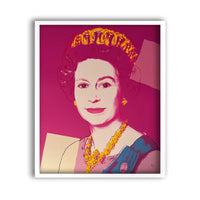 image of an andy warhol artwork titled '336 queen elizabeth II' in a white frame. the work features a young queen elizabeth II in a pink pop-art hue, with blue and pink printed clothing and golden jewellery. she is on a background of fuchsia, with two solid squares of colour either side, one which is sand-coloured on the left, and one which is blush coloured on the right. this is a sunday b morning print