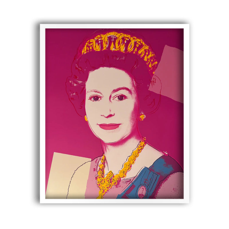 image of an andy warhol artwork titled '336 queen elizabeth II' in a white frame. the work features a young queen elizabeth II in a pink pop-art hue, with blue and pink printed clothing and golden jewellery. she is on a background of fuchsia, with two solid squares of colour either side, one which is sand-coloured on the left, and one which is blush coloured on the right. this is a sunday b morning print