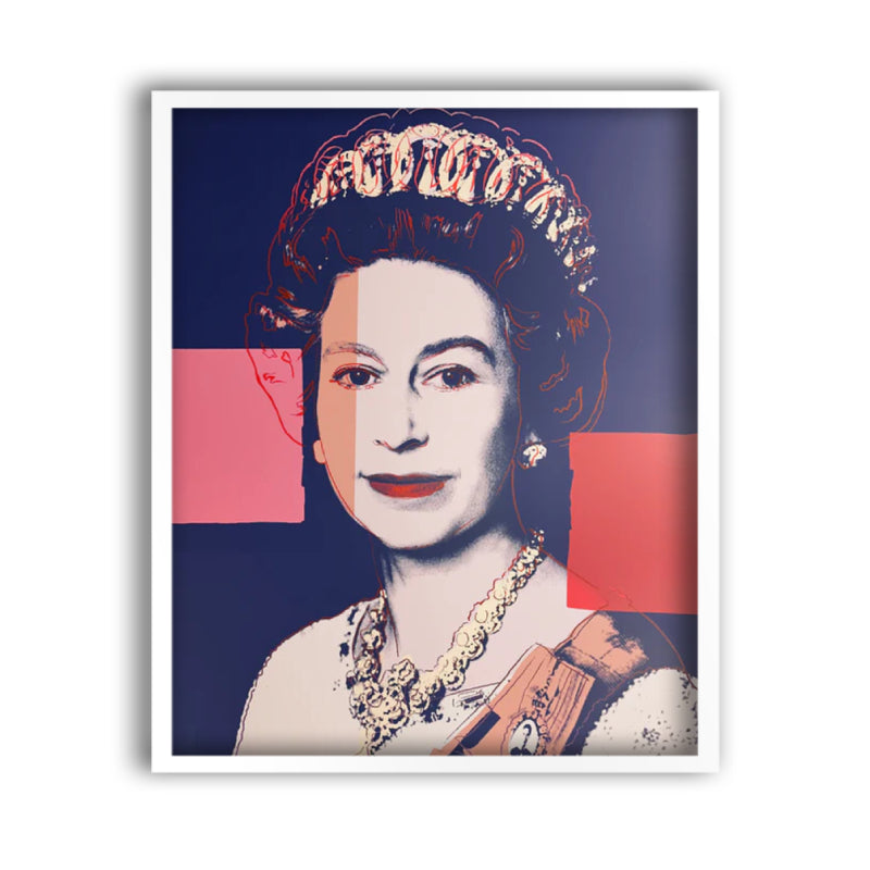 an image of an andy warhol artwork titled '337 queen elizabeth II' in a white frame.  the image features a young queen elizabeth II in the centre, colourised in navy blue, and on a navy blue background. her clothes are cream, sand, and orange in colour. the background features two solid blocks of colour, one which is pink on the left and one which is red on the right. this is a sunday b morning print