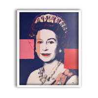 an image of an andy warhol artwork titled '337 queen elizabeth II' in a white frame.  the image features a young queen elizabeth II in the centre, colourised in navy blue, and on a navy blue background. her clothes are cream, sand, and orange in colour. the background features two solid blocks of colour, one which is pink on the left and one which is red on the right. this is a sunday b morning print