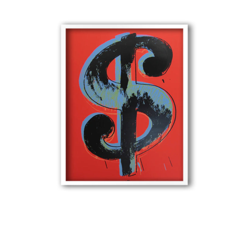 image of an artwork by andy warhol titled 'dollar red' in a white frame. the artwork features a large blue image of a dollar sign on a red background, with a black overlay outline and rough shadow of a dollar sign, creating a 3-dimensional effect. this is a sunday b morning print