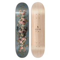 Magnus Gjoen, And Death Shall Have No Dominion skateboard for sale which contain a skull on a teal blue backgroung with flowers going thought the middle from top to bottom