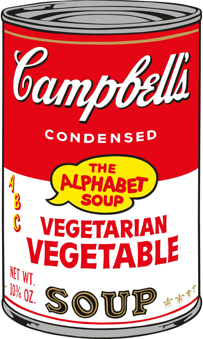 this is an image of a sunday b morning print after andy warhol titled 'vegetarian vegetable soup'. the artwork features a screenprinted image of a campbells tin of vegetarian vegetable soup. this is a sunday b morning print for sale