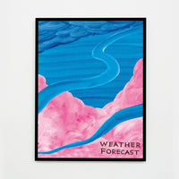 this is an image of a david shrigley artwork titled 'weather forecast' in a black frame. the artwork features paper cutouts of a pink cloud, blue streams, blue clouds, and a blue ocean. these are all overlayed onto one another, with handwritten text in the bottom right corner stating 'WEATHER FORECAST'. this is a david shrigley poster for sale