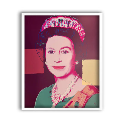 an image of an artwork by andy warhol titled 335 queen elizabeth II, in a white frame. the image features a young queen elizabeth in a colourised pop art style, with green and orange clothing and a pink-toned face. the background is mauve and there are two square blocks of colour, one in red on the left, and one yellow on the right. the image is a screenprint by sunday b morning