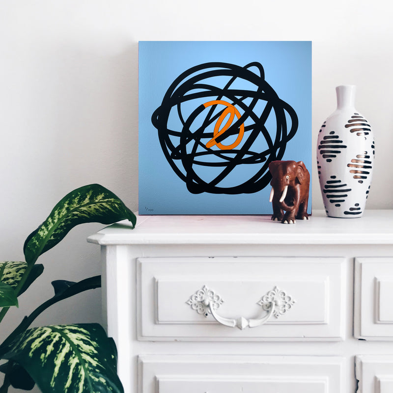 Immerse your space in the vibrant hues of Mark Beattie's Neon Globe (Orange and Blue). This limited edition Giclée print on 310gsm Hahnemühle German Etching paper, measuring 30 x 30 cm, is part of an exclusive edition of 30. Elevate your art collection with the captivating interplay of colors and forms, where artistic precision meets limited edition exclusivity