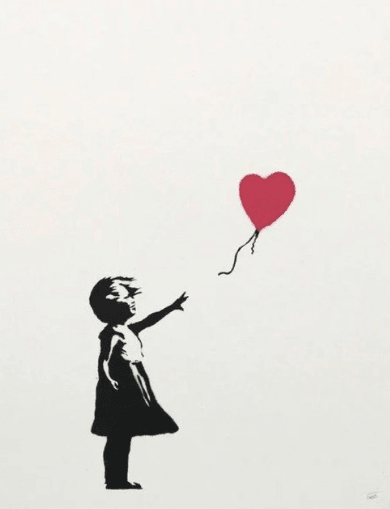 This image by Banksy titled Girl With Balloon which is for sale contains a girl loosing her red heart shaped balloon which is for sale at Smolensky Gallery 