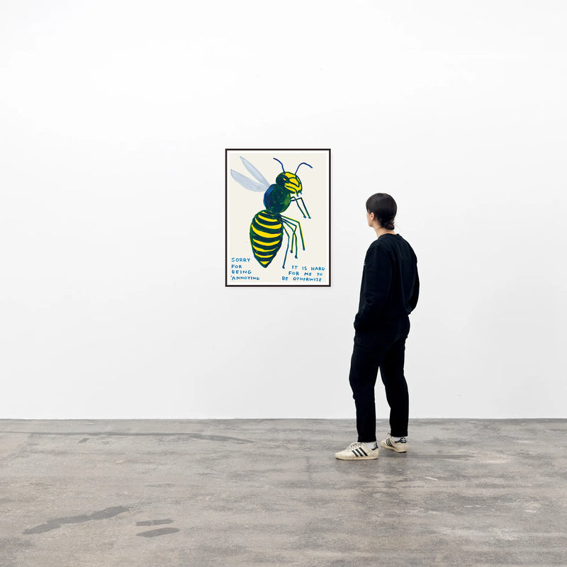 This is an image of an artwork by david shrigley titled 'sorry for being annoying', in a black frame hung on a white wall with a viewer stood to its right. the artwork features a large image of a wasp with the handwritten text 'sorry for being annoying it is hard for me to be otherwise'. this is a david shrigley print for sale