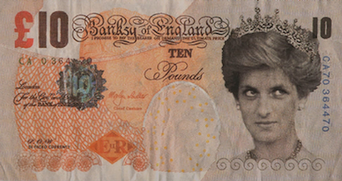 The artwork by Banksy titled Di-Faced tenner is based on a english ten piound note where the Queens head has been replaced with Princess Dianna's face