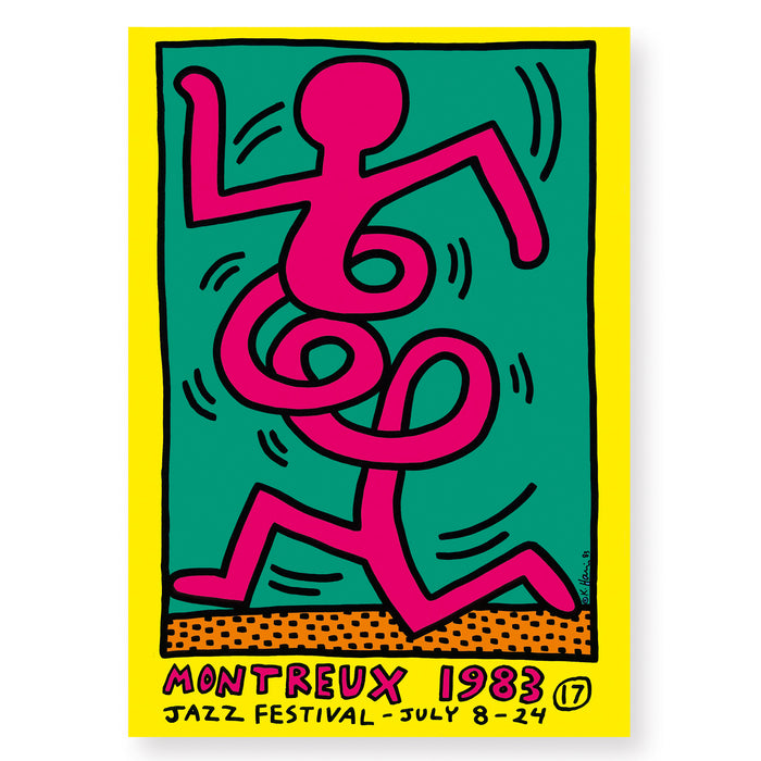 Keith Haring, Montreux Jazz Festival Pink Print | Keith Haring Prints For Sale, Buy Keith Haring art prints, Keith Haring artwork.  Artwork in pop art style featuring twisting man. Colours are pink, teal, orange and yellow. Montreux Jazz Festival Poster