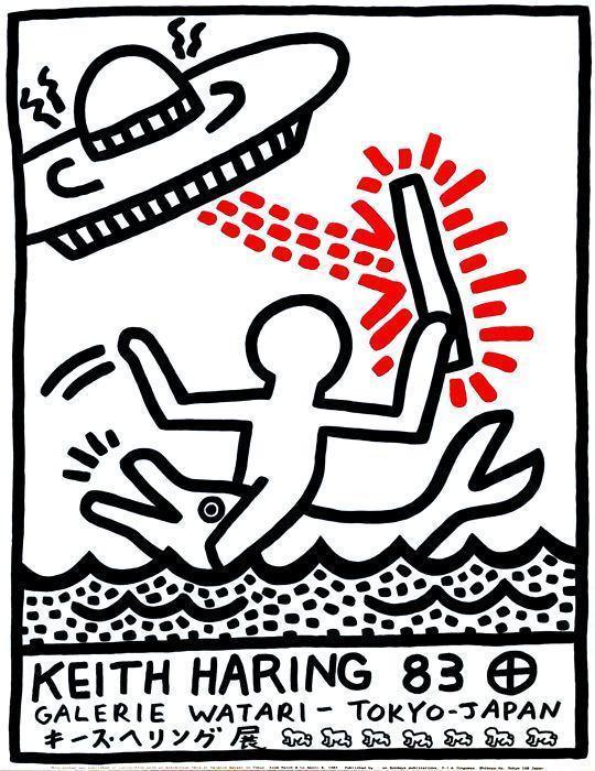 Keith Haring, Galerie Watari 1983 Print | Keith Haring Prints For Sale, Buy Keith Haring art prints, Keith Haring artwork. Galerie Watari print featuring pop art style cartoon man riding a dolphin, with UFO above. Black and white with red detailing