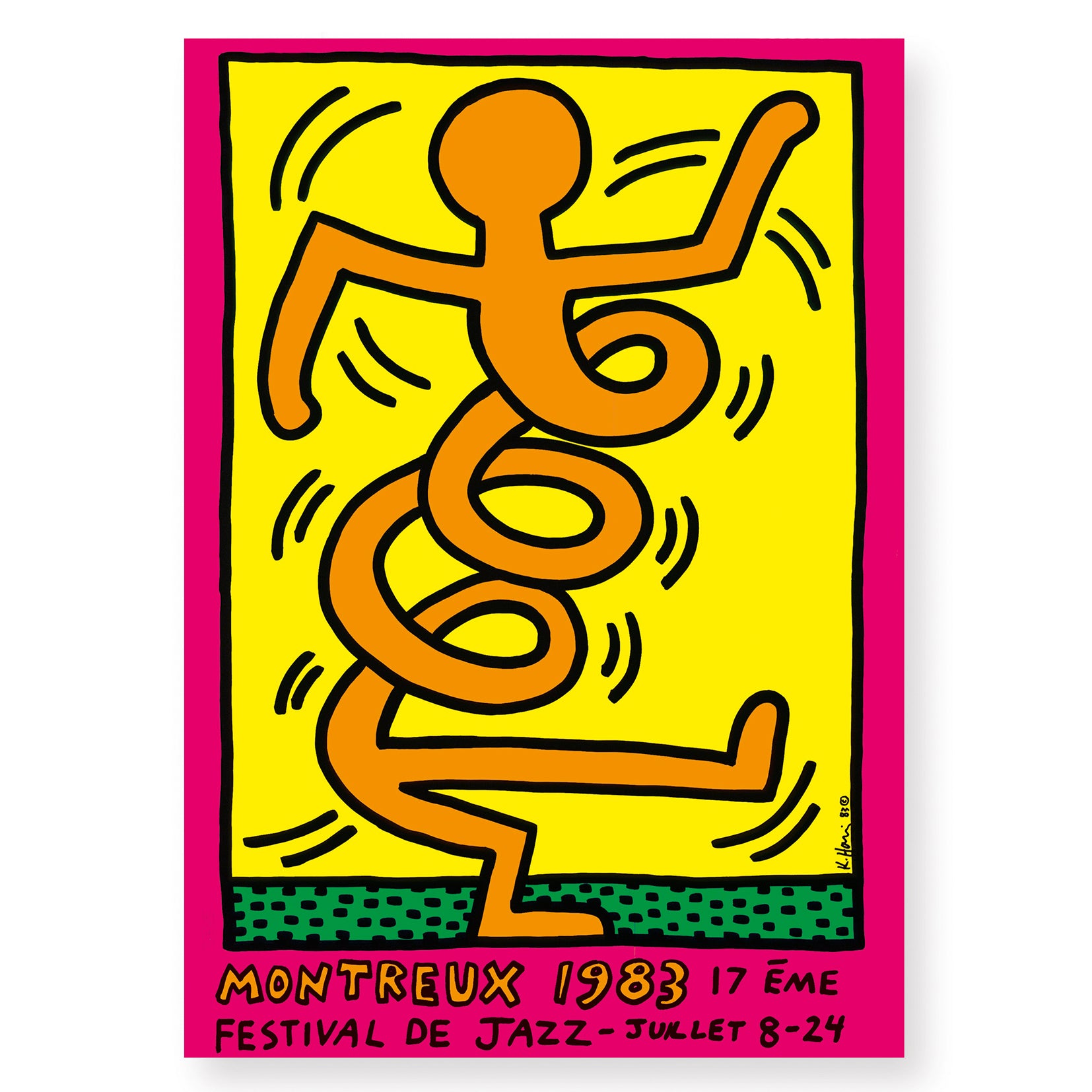Keith Haring, Montreux Jazz Festival Orange Print | Keith Haring Prints For Sale, Buy Keith Haring art prints, Keith Haring artwork.  Artwork in pop art style featuring twisting man. Colours are pink, green, orange and yellow. Montreux Jazz Festival Poster