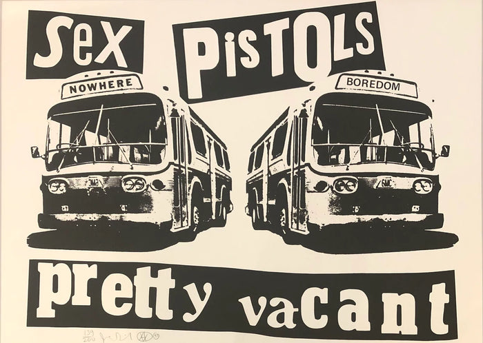 This image shows a Pretty Vacant Jamie Reid Art Print. The artwork features screenprints of two buses, labelled 'nowhere' and 'boredom, with text stating 'sex pistols' and 'pretty vacant'. the colours are dark grey and warm white