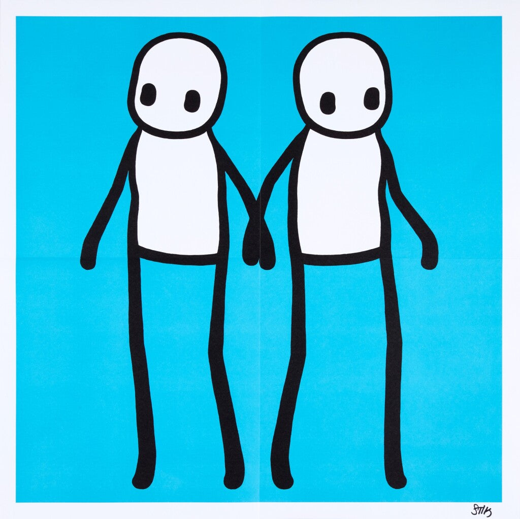 STIK, Signed Hackney Holding Hands Print 2020 | STIK Prints for Sale, Buy STIK art prints, STIK street art prints. Image shows piece of artwork in street art style with two stick figures holding hands, on a blue background