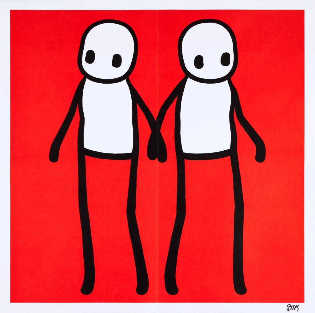 STIK, Signed Hackney Holding Hands Print 2020 | STIK Prints for Sale, Buy STIK art prints, STIK street art prints. Image shows piece of artwork in street art style with two stick figures holding hands, on a red background