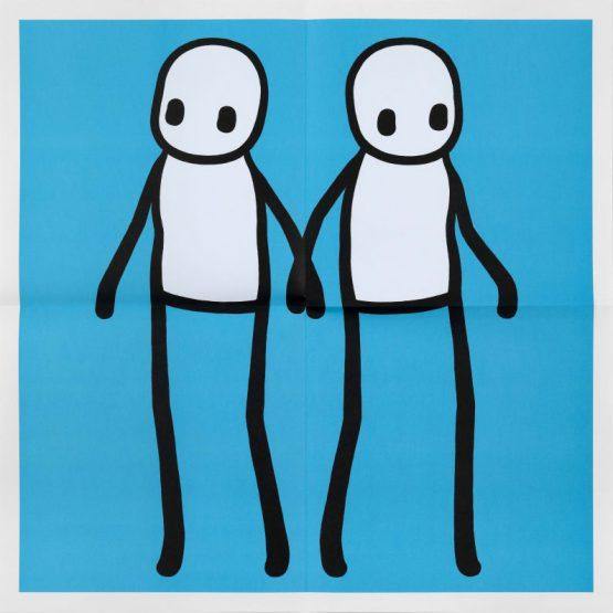 STIK, Hackney Holding Hands Print 2020 | STIK Prints for Sale STIK prints for sale, Buy STIK art prints, STIK street art prints. Image shows piece of artwork in street art style with two stick figures holding hands, on a blue background