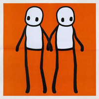 STIK, Full Set Of Hackney Holding Hands Prints 2020 | STIK Prints for Sale 5 x Lithographic print in colour (Red, Yellow, Orange, Blue & Teal) STIK prints for sale, Buy STIK art prints, STIK street art prints. Image shows piece of artwork in street art style with two stick figures holding hands, on an orange background