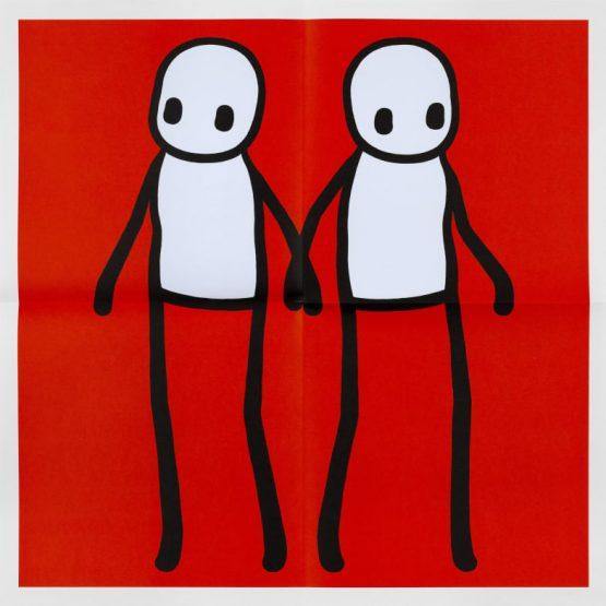 STIK, Full Set Of Hackney Holding Hands Prints 2020 | STIK Prints for Sale 5 x Lithographic print in colour (Red, Yellow, Orange, Blue & Teal) STIK prints for sale, Buy STIK art prints, STIK street art prints. Image shows piece of artwork in street art style with two stick figures holding hands, on a red background