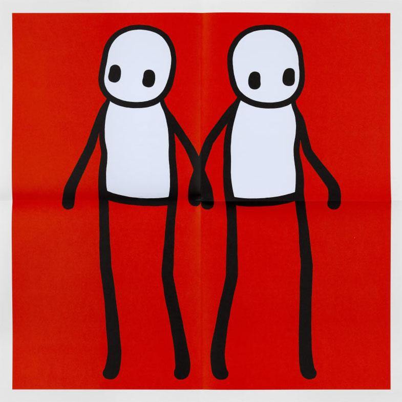 STIK, Hackney Holding Hands Print 2020 | STIK Prints for Sale, Buy STIK art prints, STIK street art prints. Image shows piece of artwork in street art style with two stick figures holding hands, on a red background