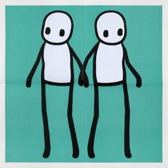 STIK, Full Set Of Hackney Holding Hands Prints 2020 | STIK Prints for Sale 5 x Lithographic print in colour (Red, Yellow, Orange, Blue & Teal) STIK prints for sale, Buy STIK art prints, STIK street art prints. Image shows piece of artwork in street art style with two stick figures holding hands, on a teal background