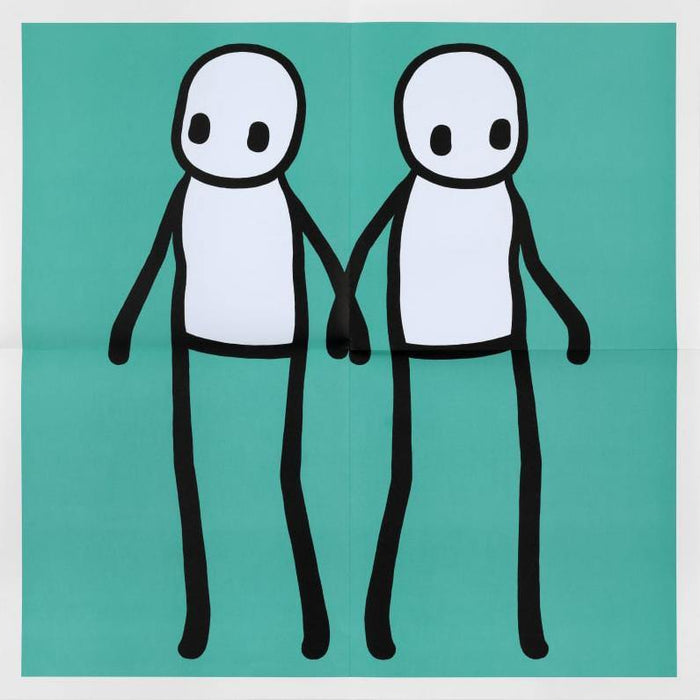 STIK, Hackney Holding Hands Print 2020 | STIK Prints for Sale, Buy STIK art prints, STIK street art prints. Image shows piece of artwork in street art style with two stick figures holding hands, on a teal background