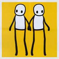 STIK, Full Set Of Hackney Holding Hands Prints 2020 | STIK Prints for Sale 5 x Lithographic print in colour (Red, Yellow, Orange, Blue & Teal) STIK prints for sale, Buy STIK art prints, STIK street art prints. Image shows piece of artwork in street art style with two stick figures holding hands, on a yellow background