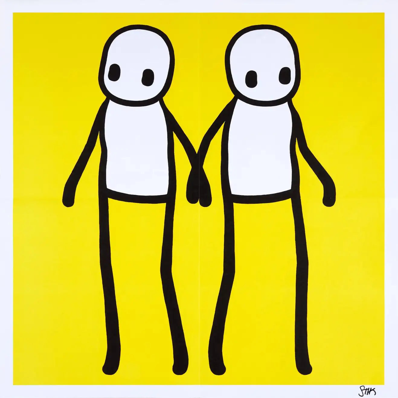 STIK, Signed Hackney Holding Hands Print 2020 | STIK Prints for Sale, Buy STIK art prints, STIK street art prints. Image shows piece of artwork in street art style with two stick figures holding hands, on a yellow background