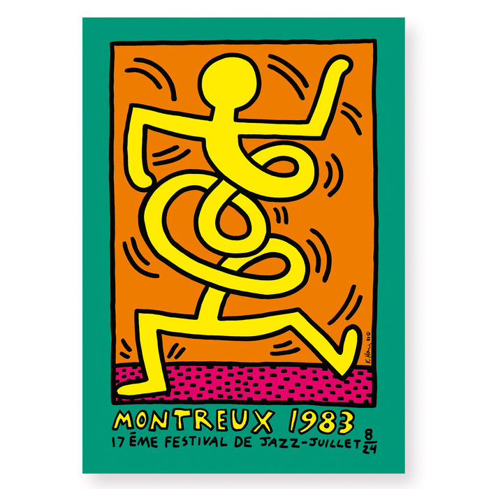 Keith Haring, Montreux Jazz Festival Yellow Print | Keith Haring Prints For Sale, Buy Keith Haring art prints, Keith Haring artwork.  Artwork in pop art style featuring twisting man. Colours are pink, teal, orange and yellow. Montreux Jazz Festival Poster