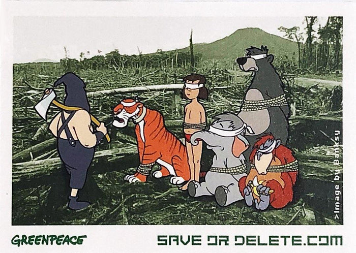 Buy Banksy, Banksy prints for sale, Banksy prints online. Image is of a sticker featuring cartoon animals blindfolded in the midst of a devastated forest. Underneath the image is the Greenpeace logo and the website address 'Saveordelete.com'