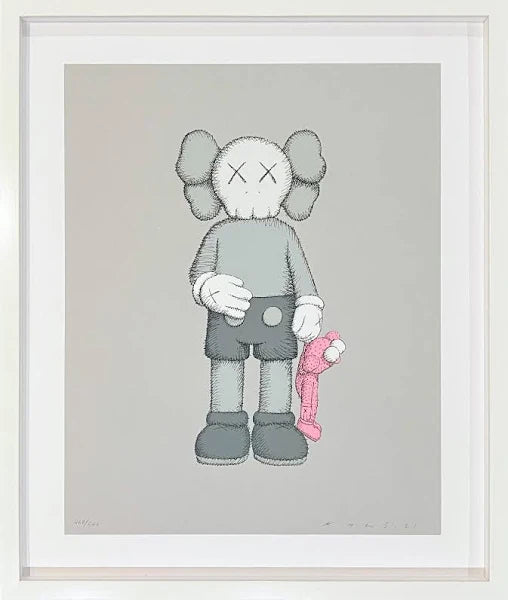 A Print titled Share by the artist Kaws depicting Kaw's iconic sculpture on a grey backgroun holding a pink plush teddy in a classic gallery white box frame