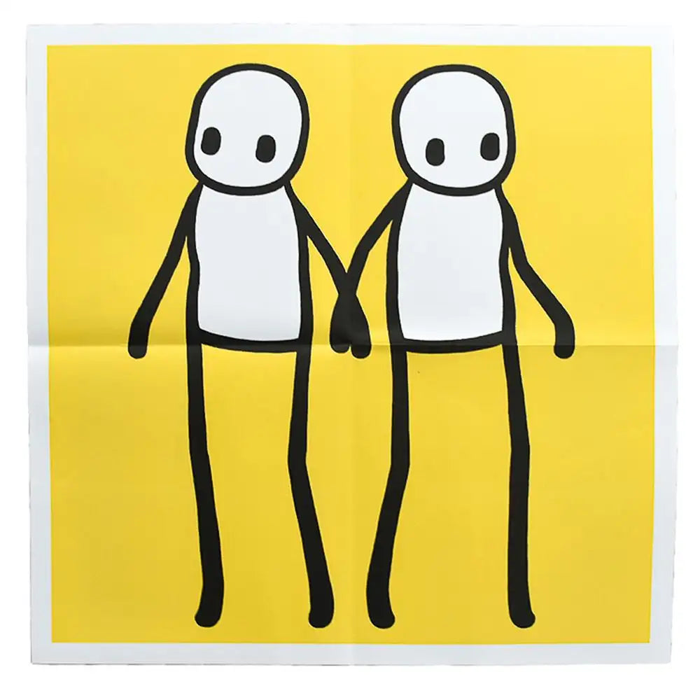 STIK, Hackney Holding Hands Print 2020 | STIK Prints for Sale, Buy STIK art prints, STIK street art prints. Image shows piece of artwork in street art style with two stick figures holding hands, on a yellow background